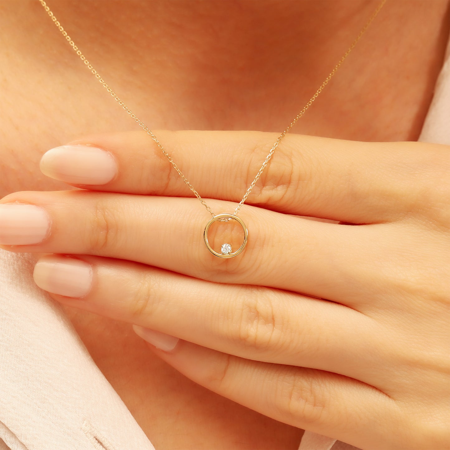 Gold Circle Necklace – 14K Solid Gold CZ Pendant