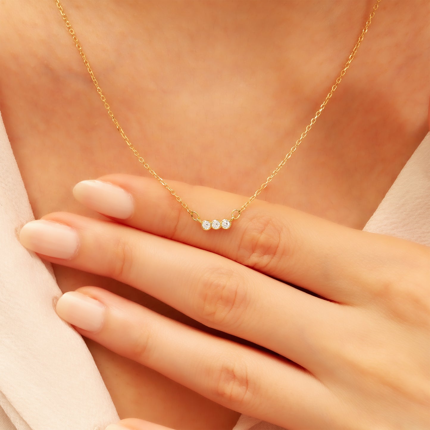 14k Gold Bar Necklace – Dainty 3-Stone CZ Sparkle