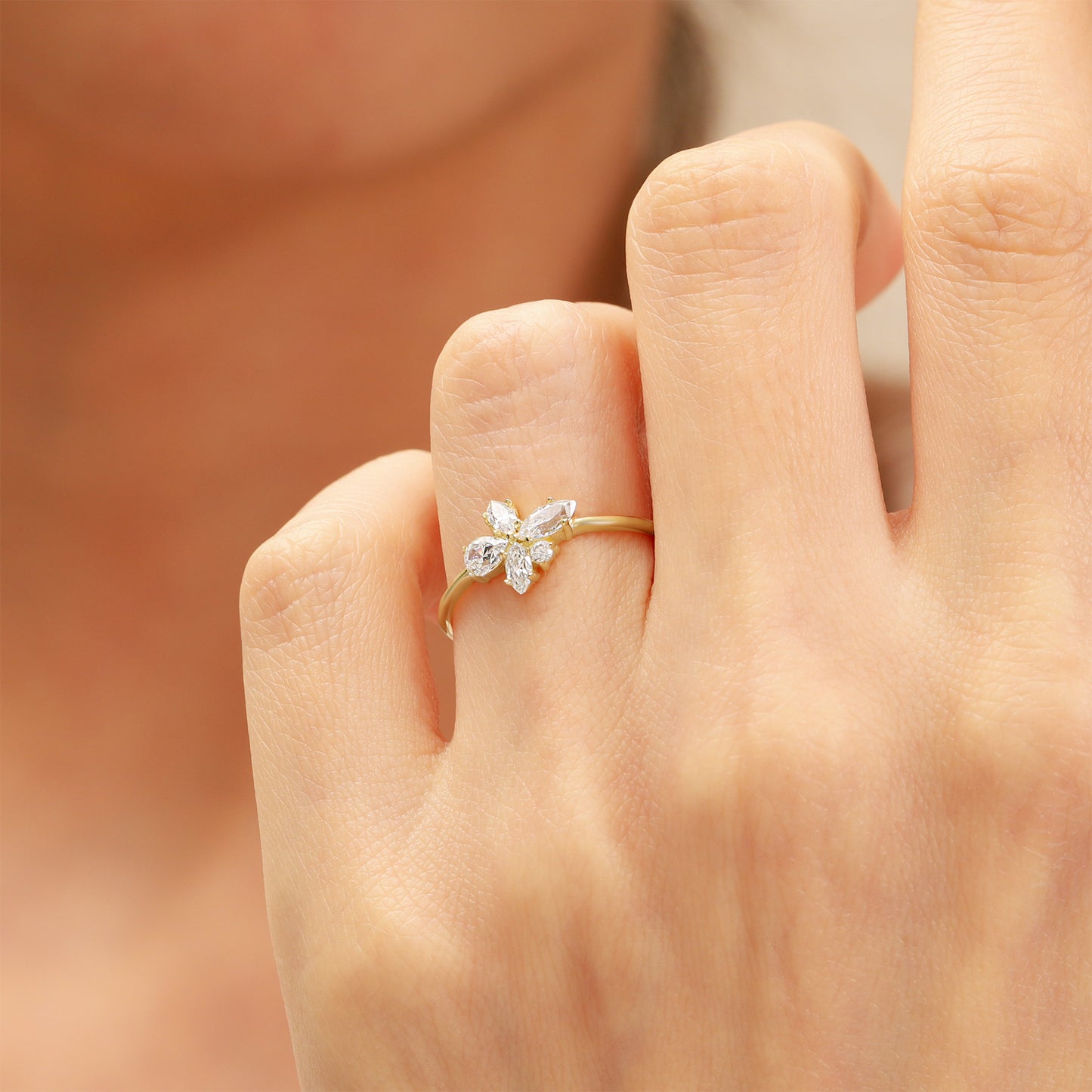 14K Gold Flower Ring – Dainty Marquise-CZ Cluster Band