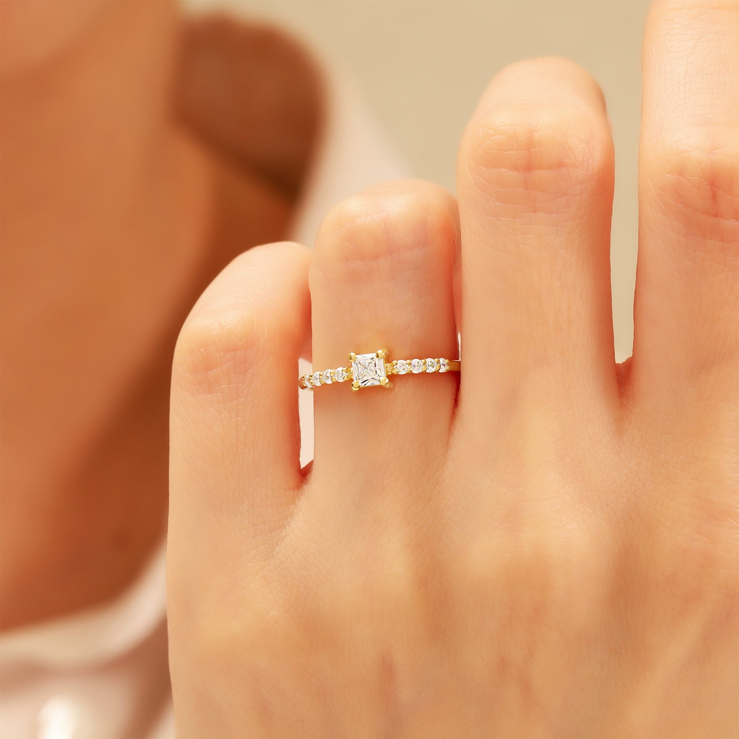 Princess-Cut Cubic Zirconia Engagement Ring in 14K Gold | Dainty 1.5 mm Band