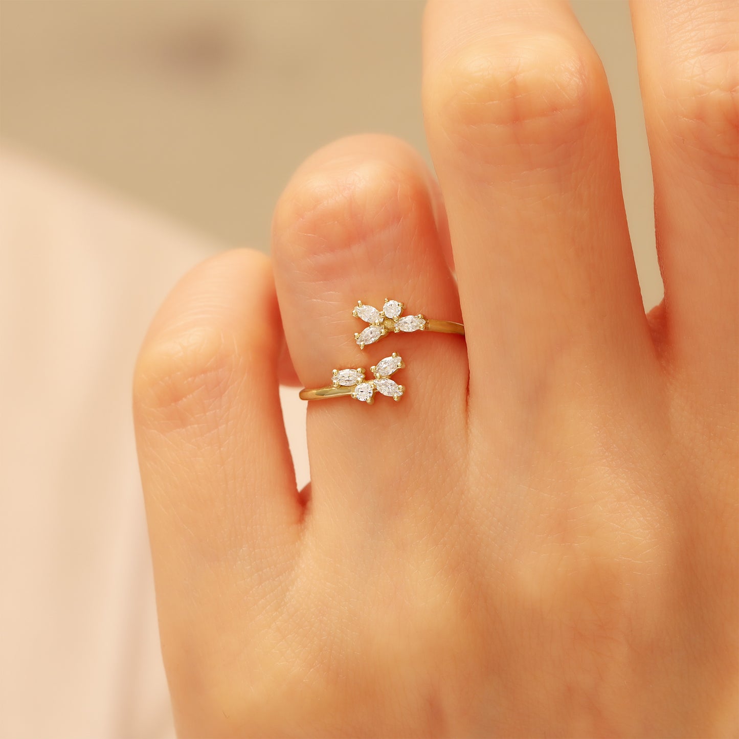 14K Gold Bypass Ring – Marquise CZ Flower Open Band