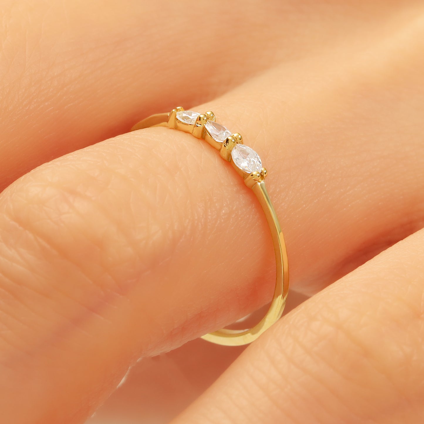 14K Gold Marquise Stacking Ring – Triple CZ Sparkle