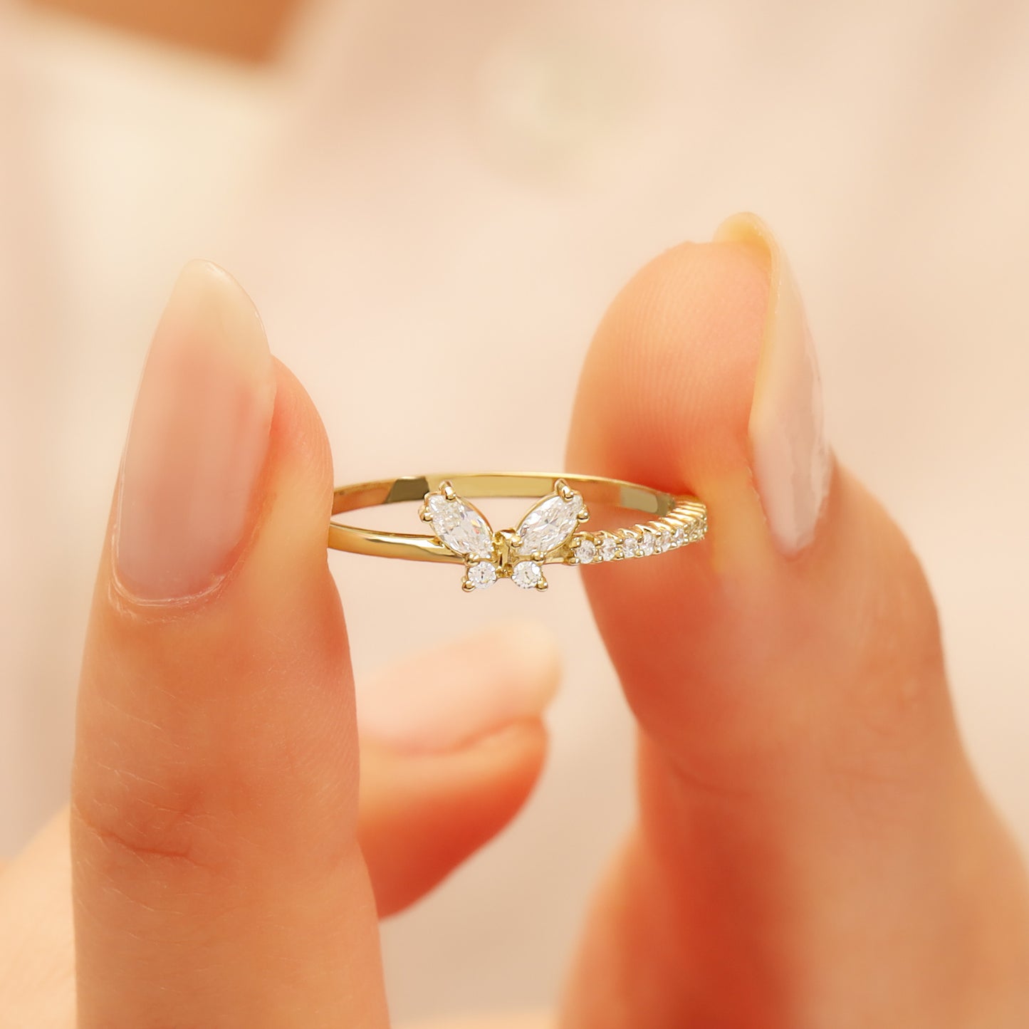 14K Butterfly Zircon Solid Gold Ring