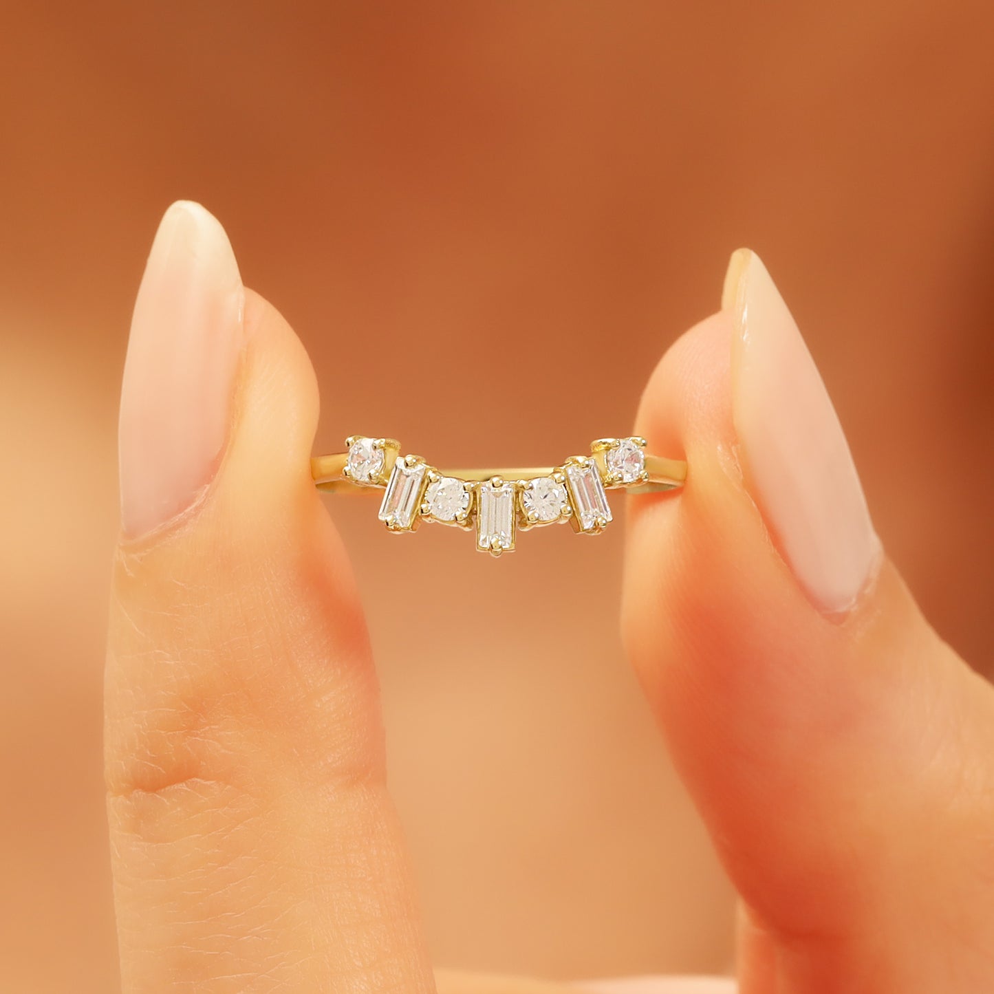 Baguette & Round Zircon 14K Gold Ring