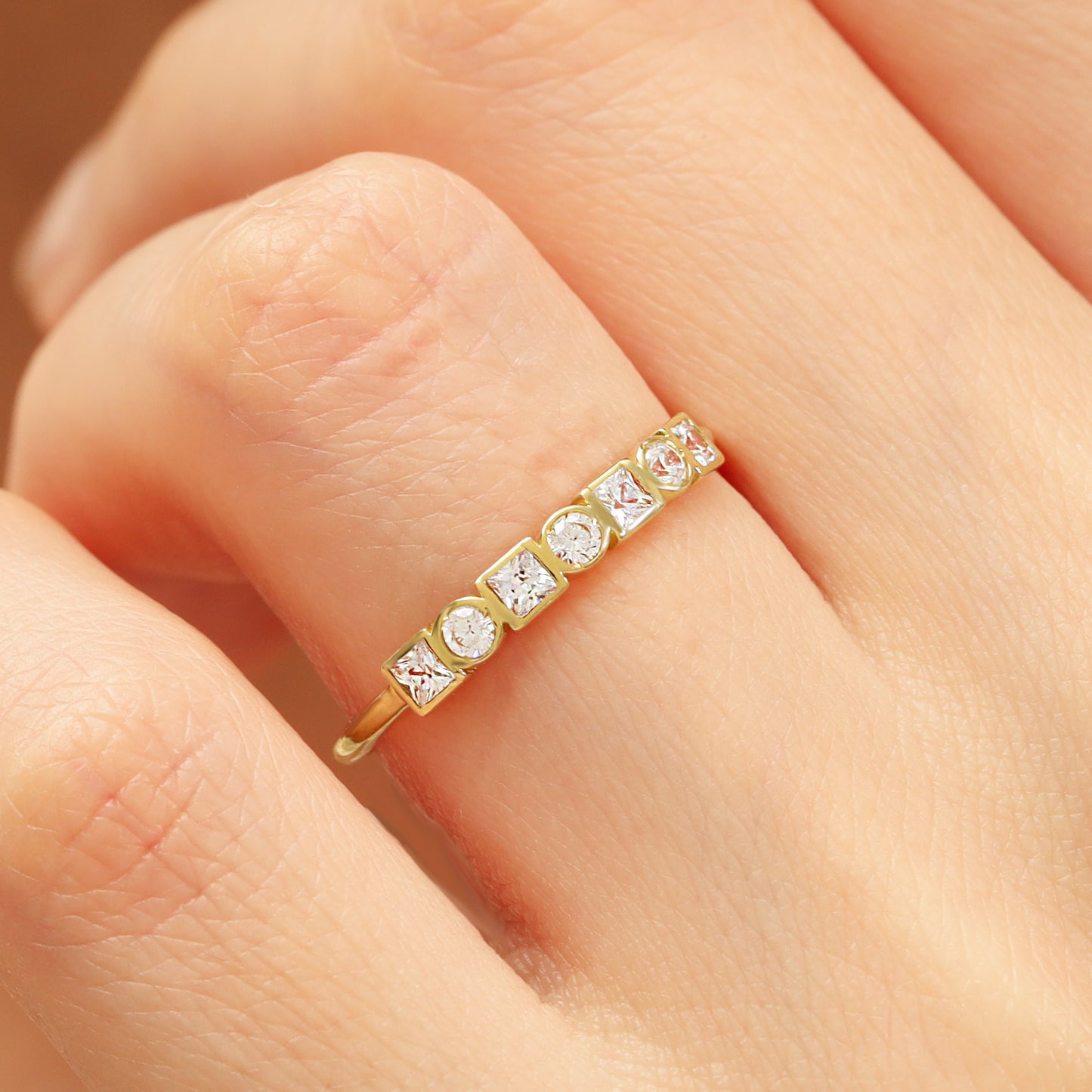 14K Round & Square Zircon Gold Band Ring