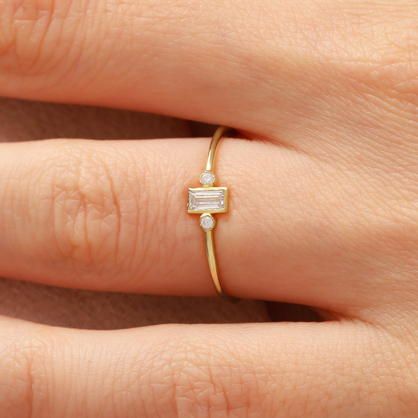 14K Minimalist Baguette Zircon Solid Gold Ring