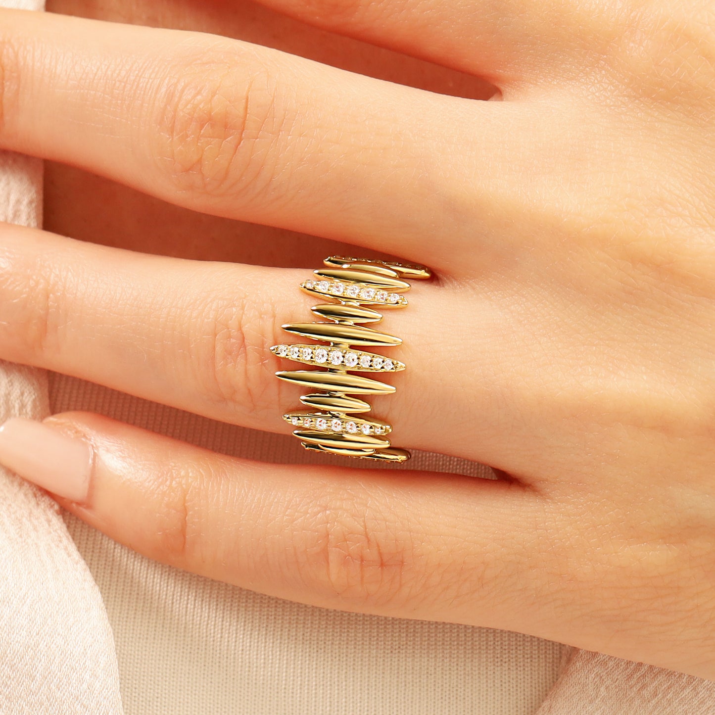 14K Gold Statement Ring – Wide Navette Band with CZ Sparkle