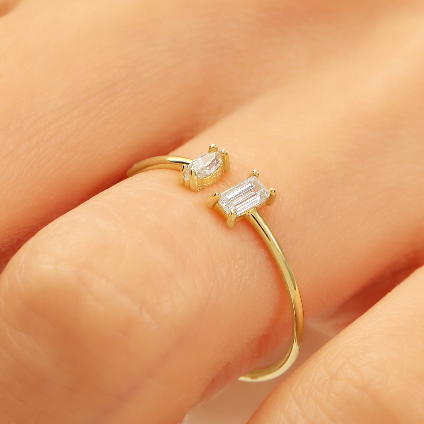 14K Solid Gold Ring with Baguette and Marquise Zircon