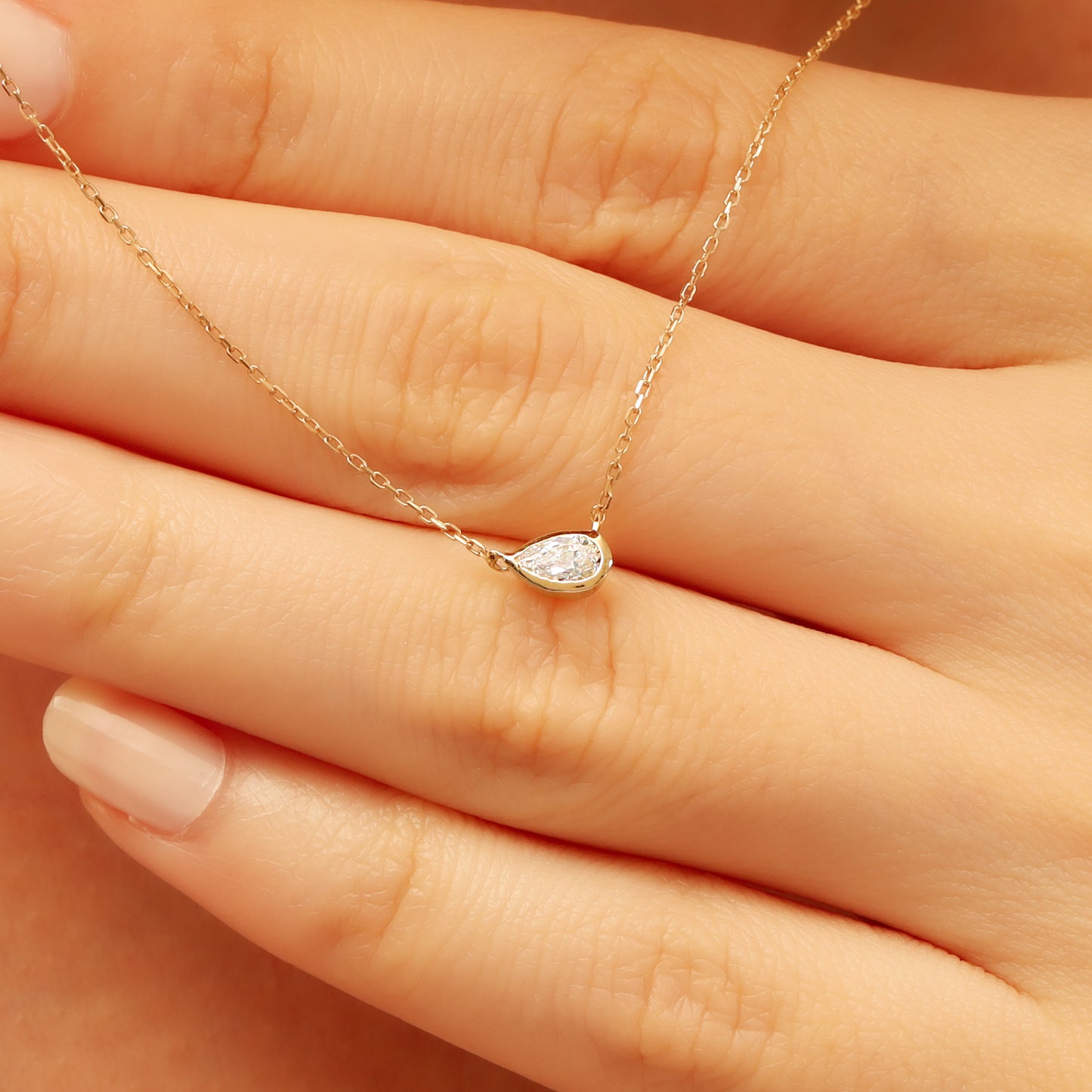 Pear Stone Necklace 14K Gold – Bezel-Set Teardrop Sparkle
