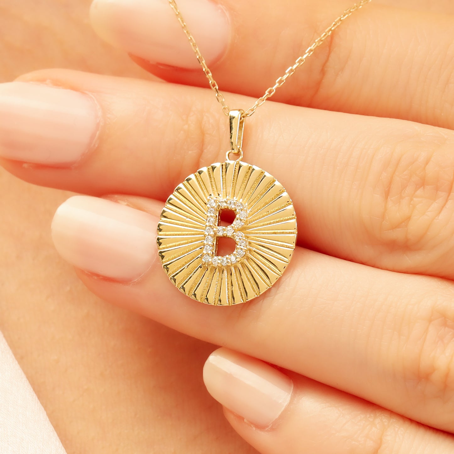 Gold Initial Necklace – 14K Sunburst Medallion Pendant