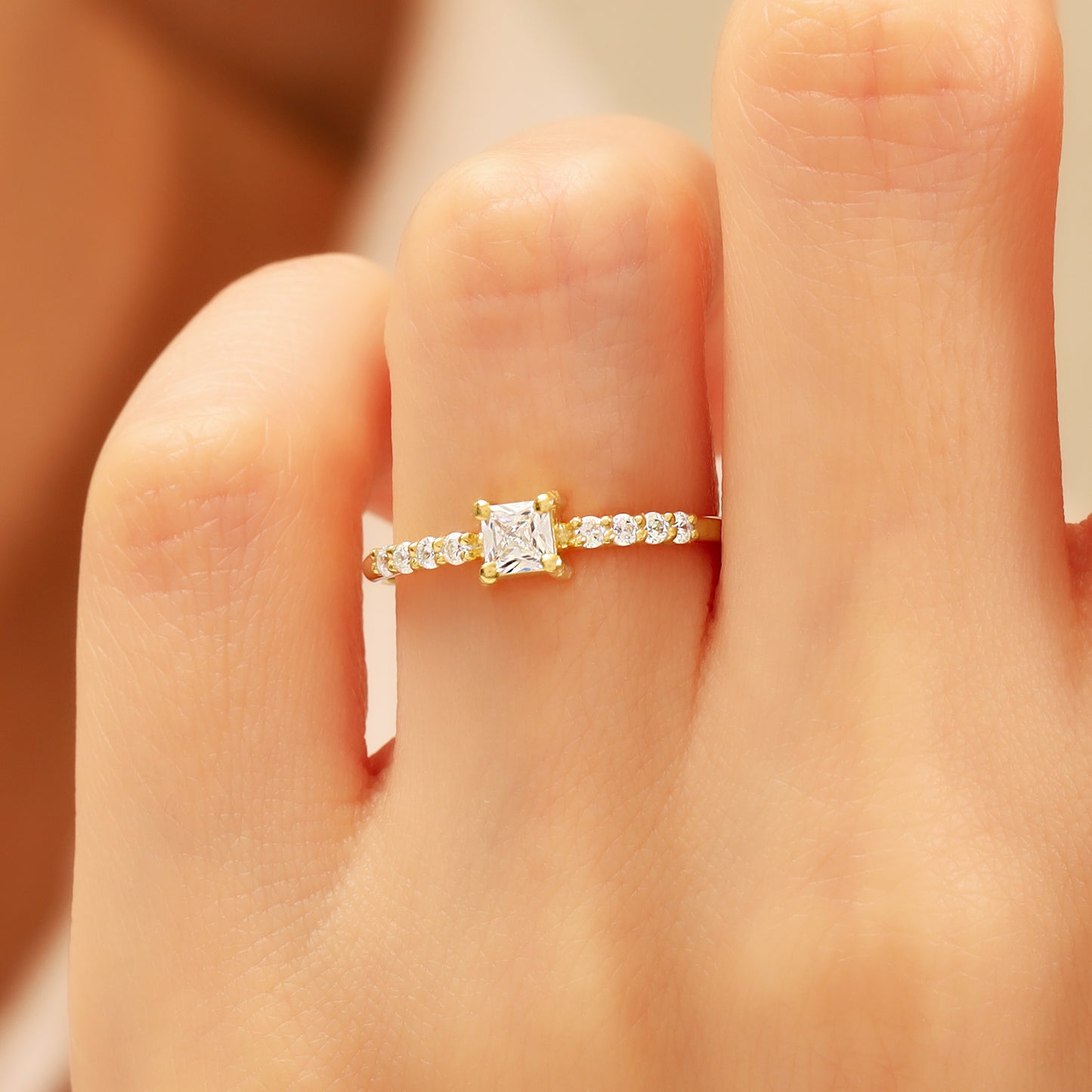 Princess-Cut Cubic Zirconia Engagement Ring in 14K Gold | Dainty 1.5 mm Band