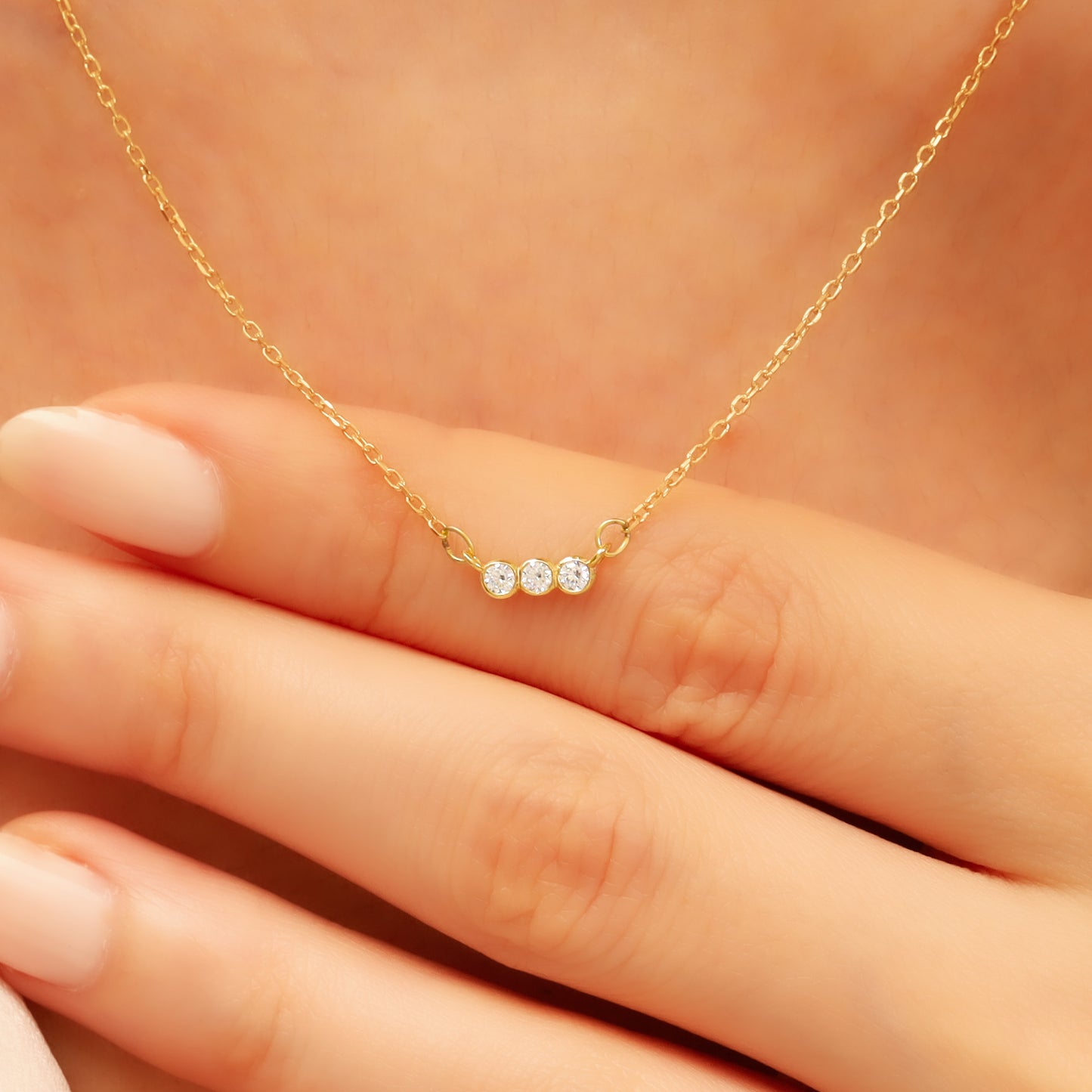 14k Gold Bar Necklace – Dainty 3-Stone CZ Sparkle