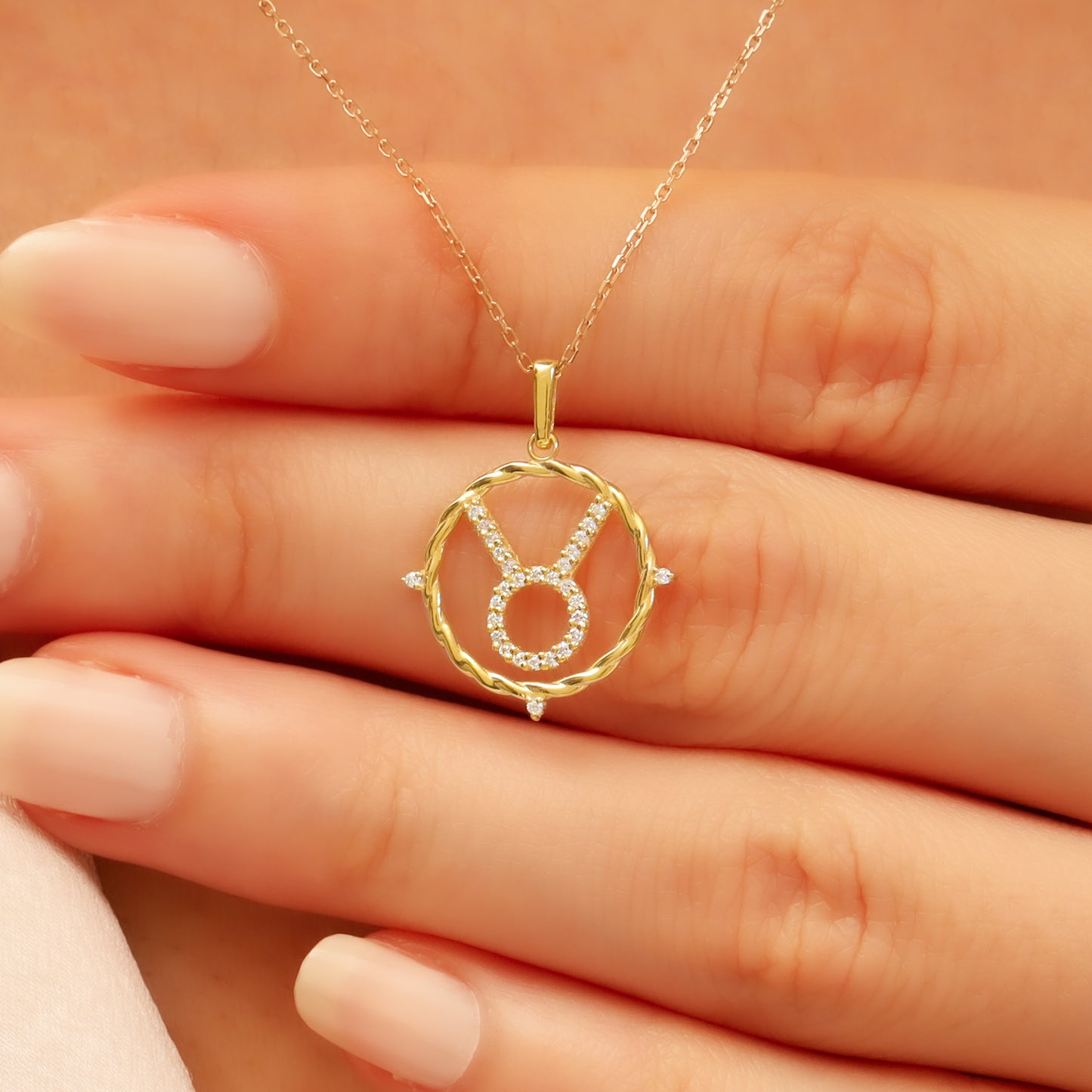 14k Gold Taurus Necklace – CZ Zodiac Pendant, Adjustable Chain