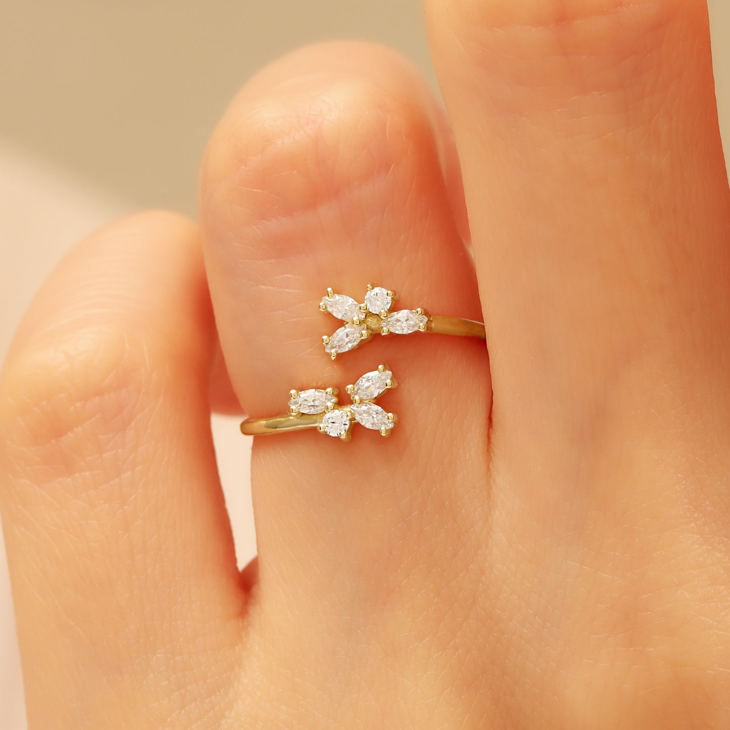 14K Gold Bypass Ring – Marquise CZ Flower Open Band