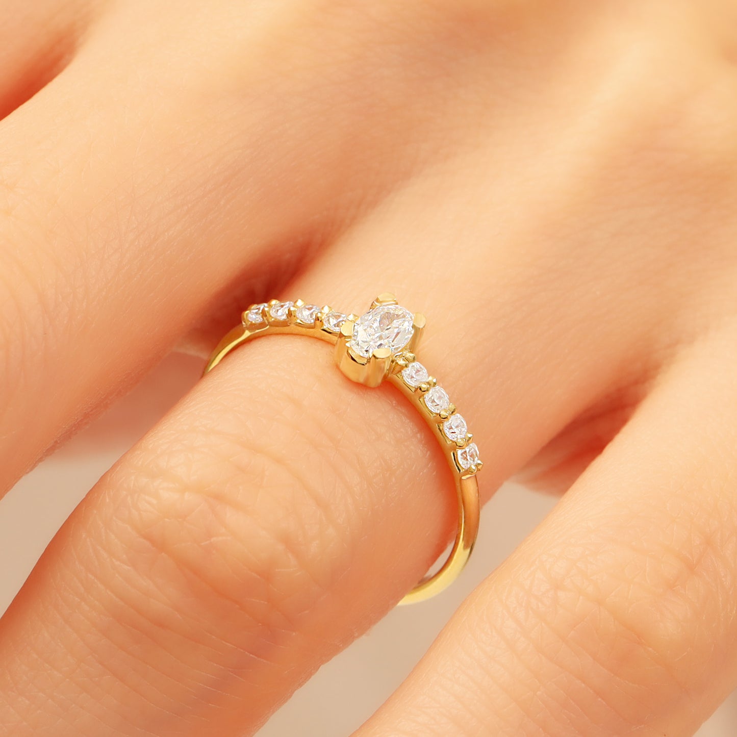 Oval CZ Engagement Ring 14K Gold | Slim 1.5 mm Band