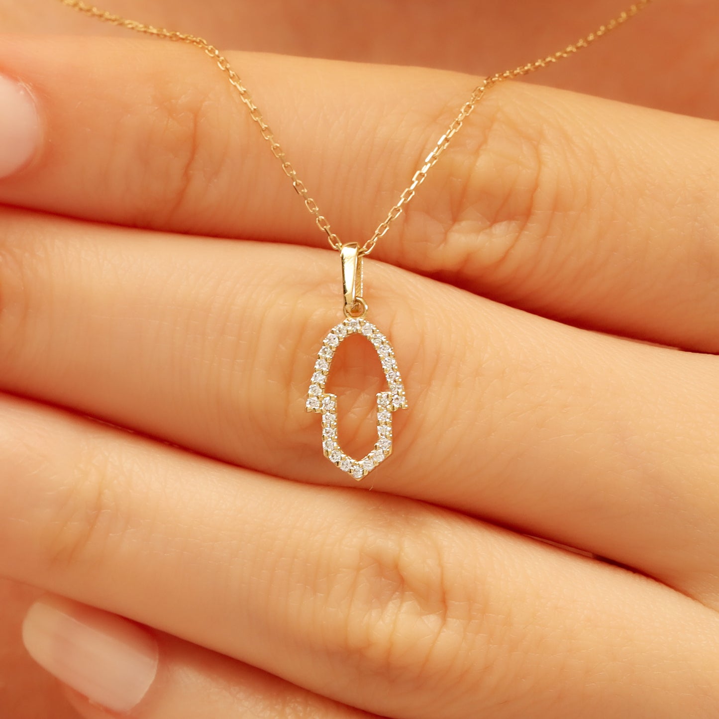 14K Gold Hamsa Necklace – Dainty CZ Outline Protection Pendant