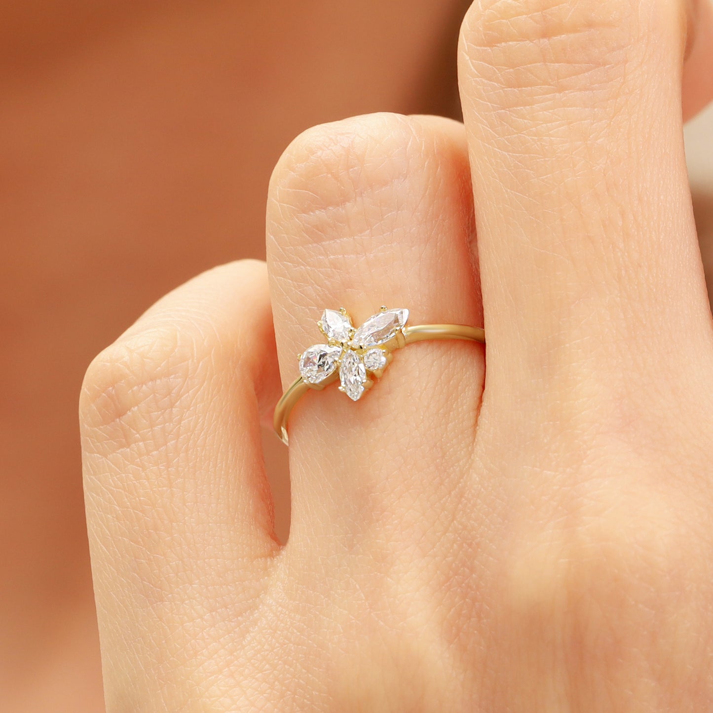 14K Gold Flower Ring – Dainty Marquise-CZ Cluster Band