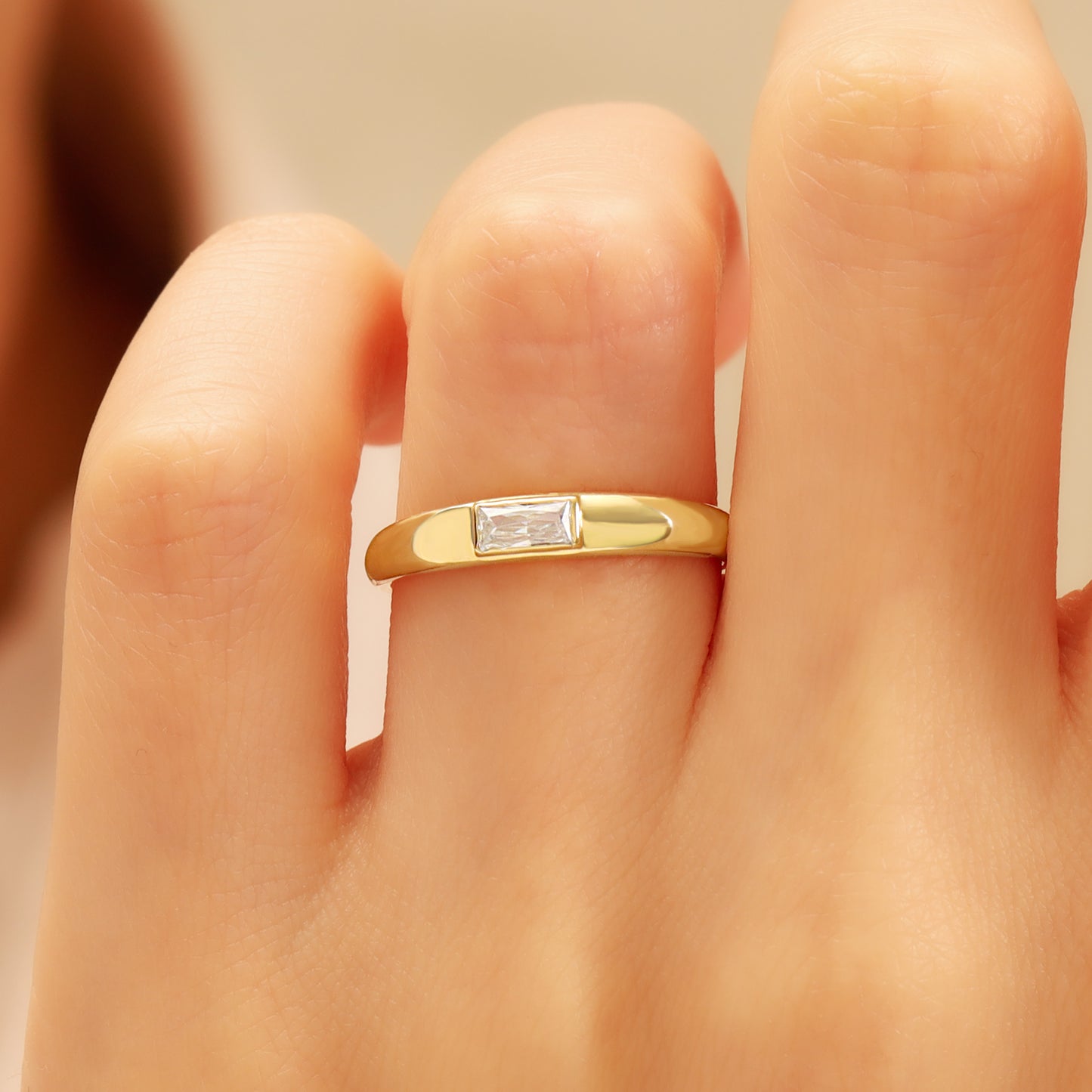 Baguette Solitaire CZ Ring in 14K Gold – Dainty Art-Deco Sparkle