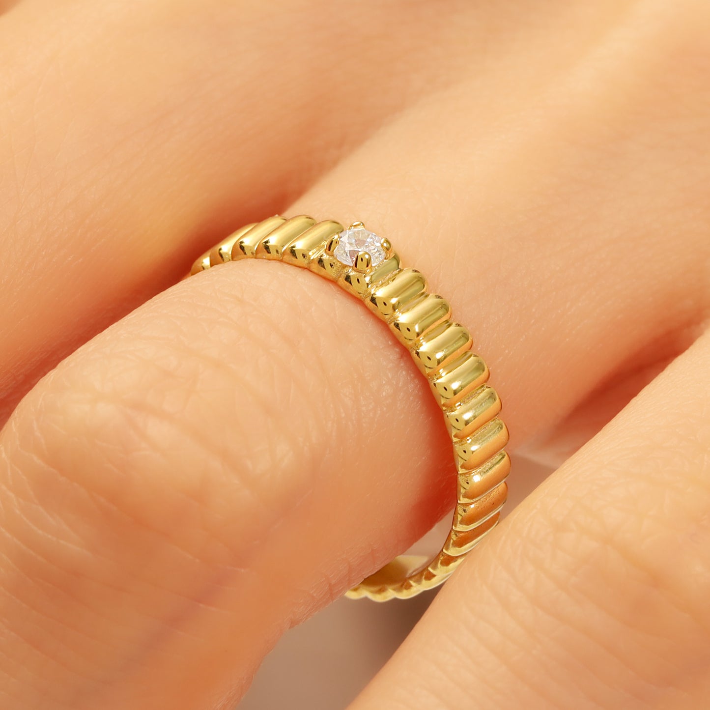 14K Textured Gold Band Ring with Center Stone