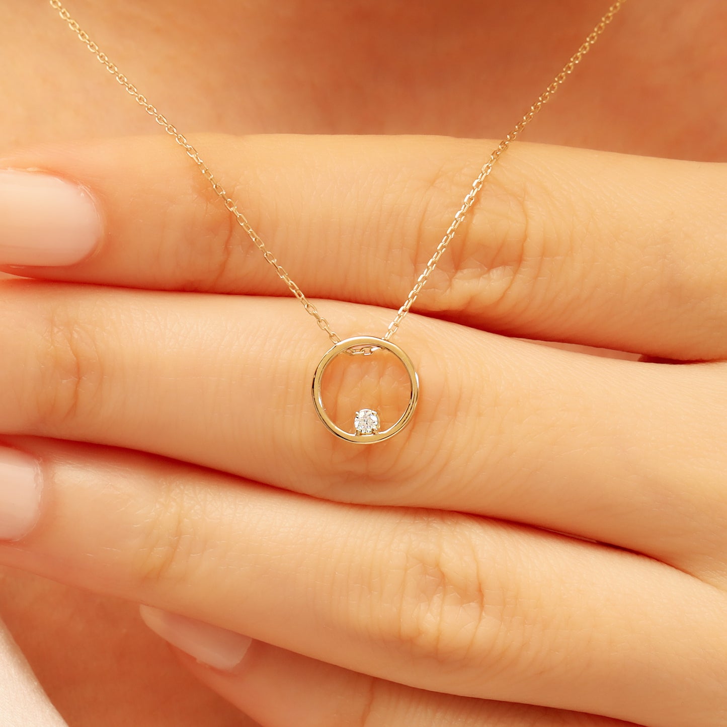 Gold Circle Necklace – 14K Solid Gold CZ Pendant
