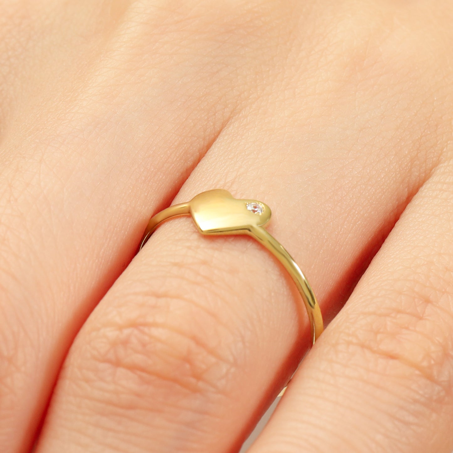 14K Gold Heart Ring With Tiny CZ – Ultra-Slim 1.2 mm Band