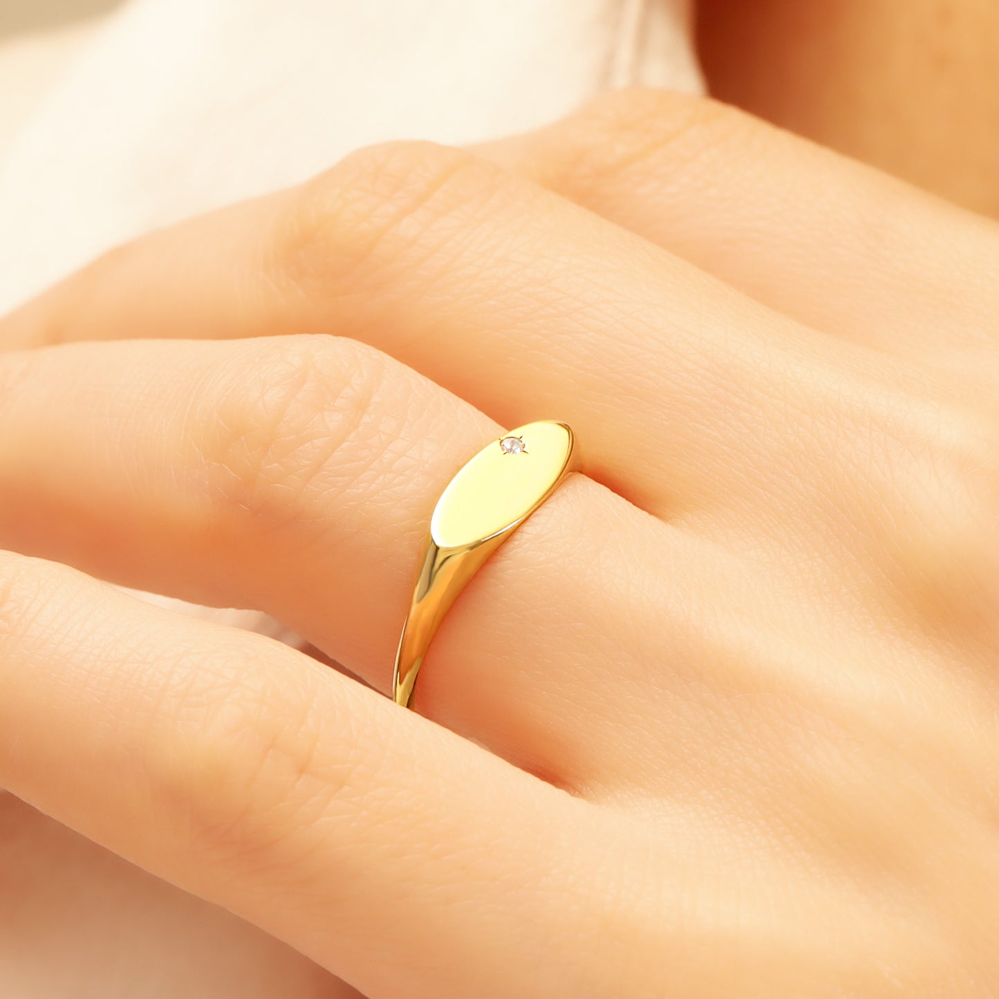 14K Minimalist Signet Ring with Tiny Zircon
