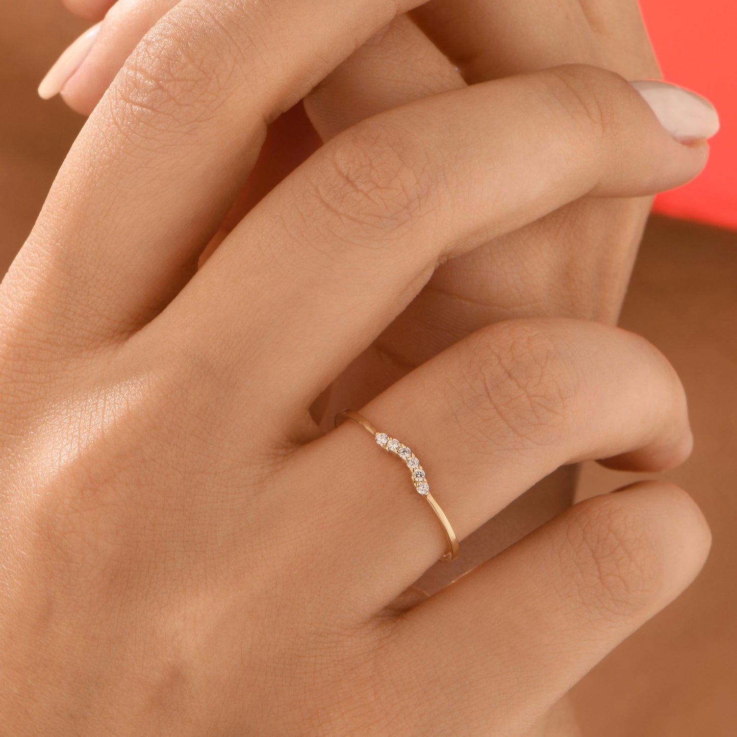 14K Gold Curved Zircon Solid Gold Ring