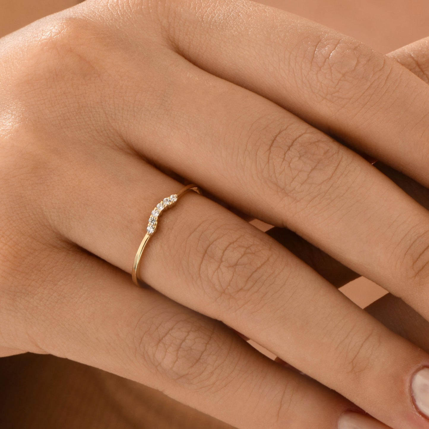 14K Gold Curved Zircon Solid Gold Ring