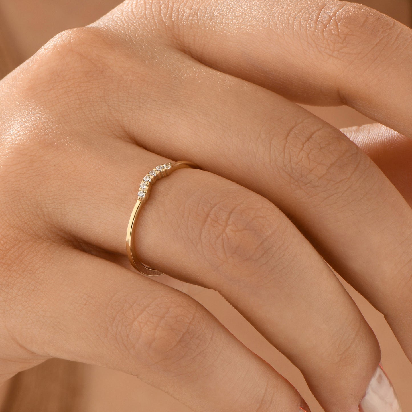14K Gold Curved Zircon Solid Gold Ring