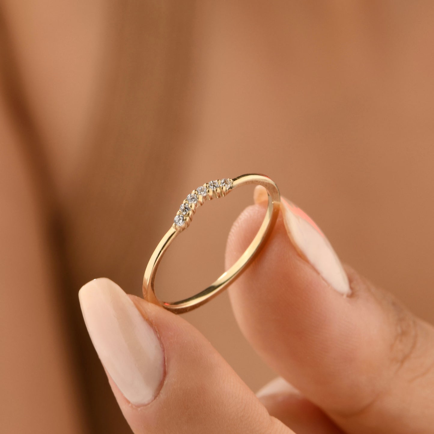 14K Gold Curved Zircon Solid Gold Ring
