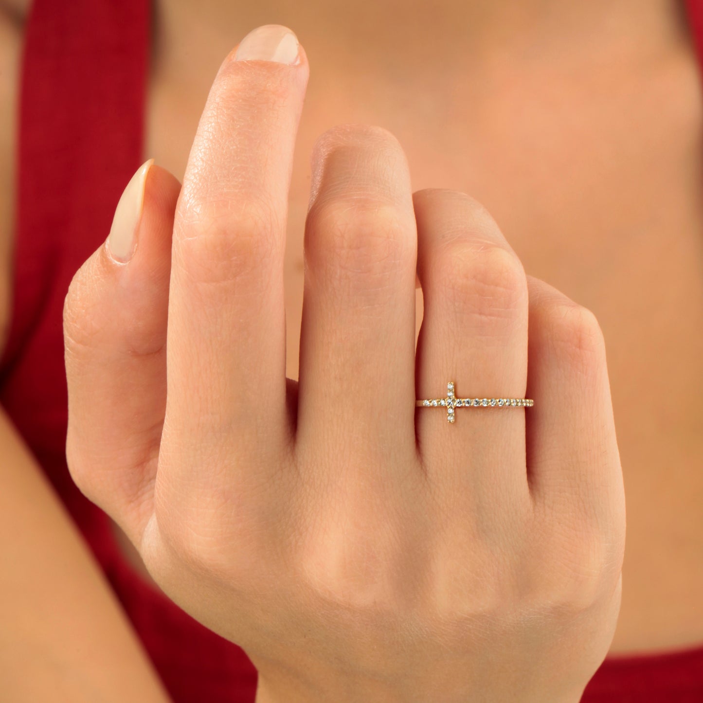14K Minimalist Zircon Cross Solid Gold Ring