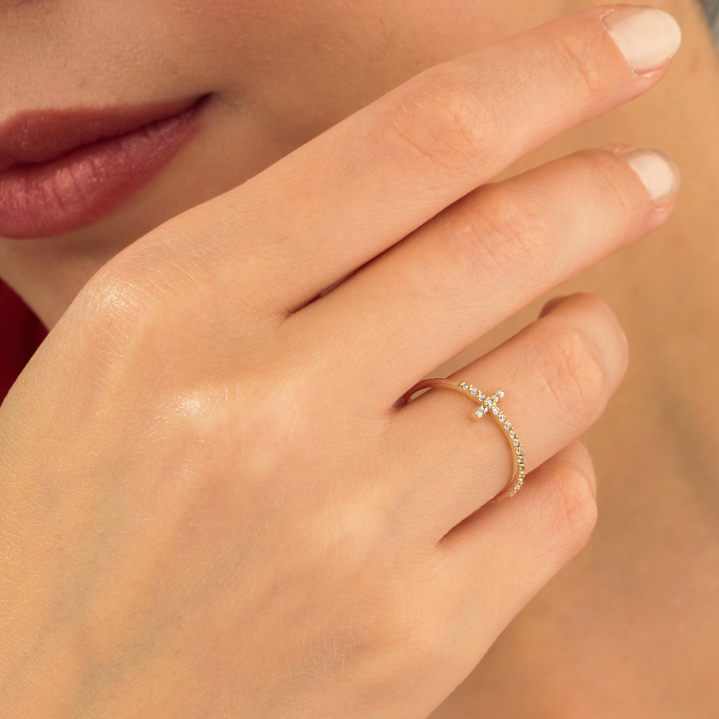 14K Minimalist Zircon Cross Solid Gold Ring