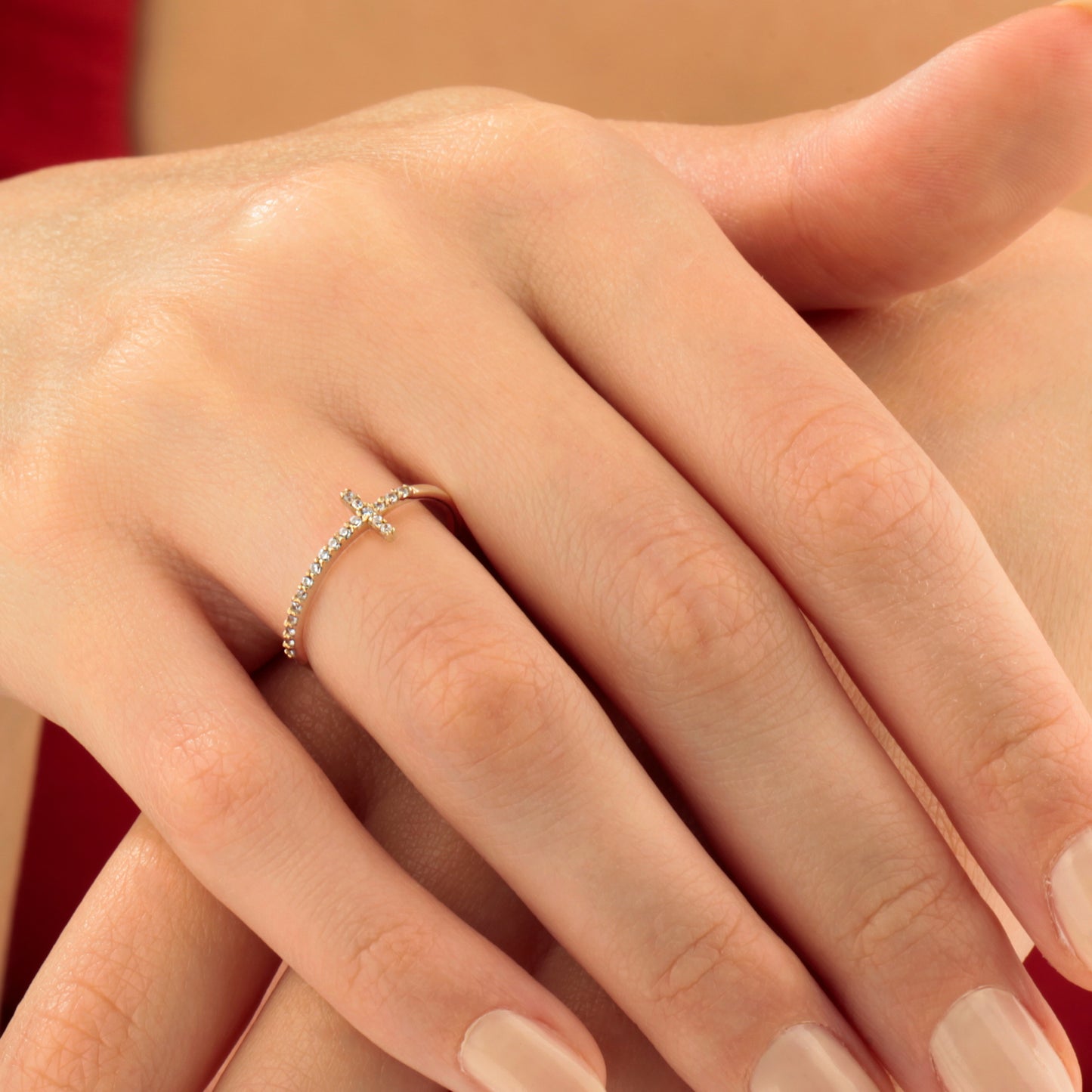 14K Minimalist Zircon Cross Solid Gold Ring