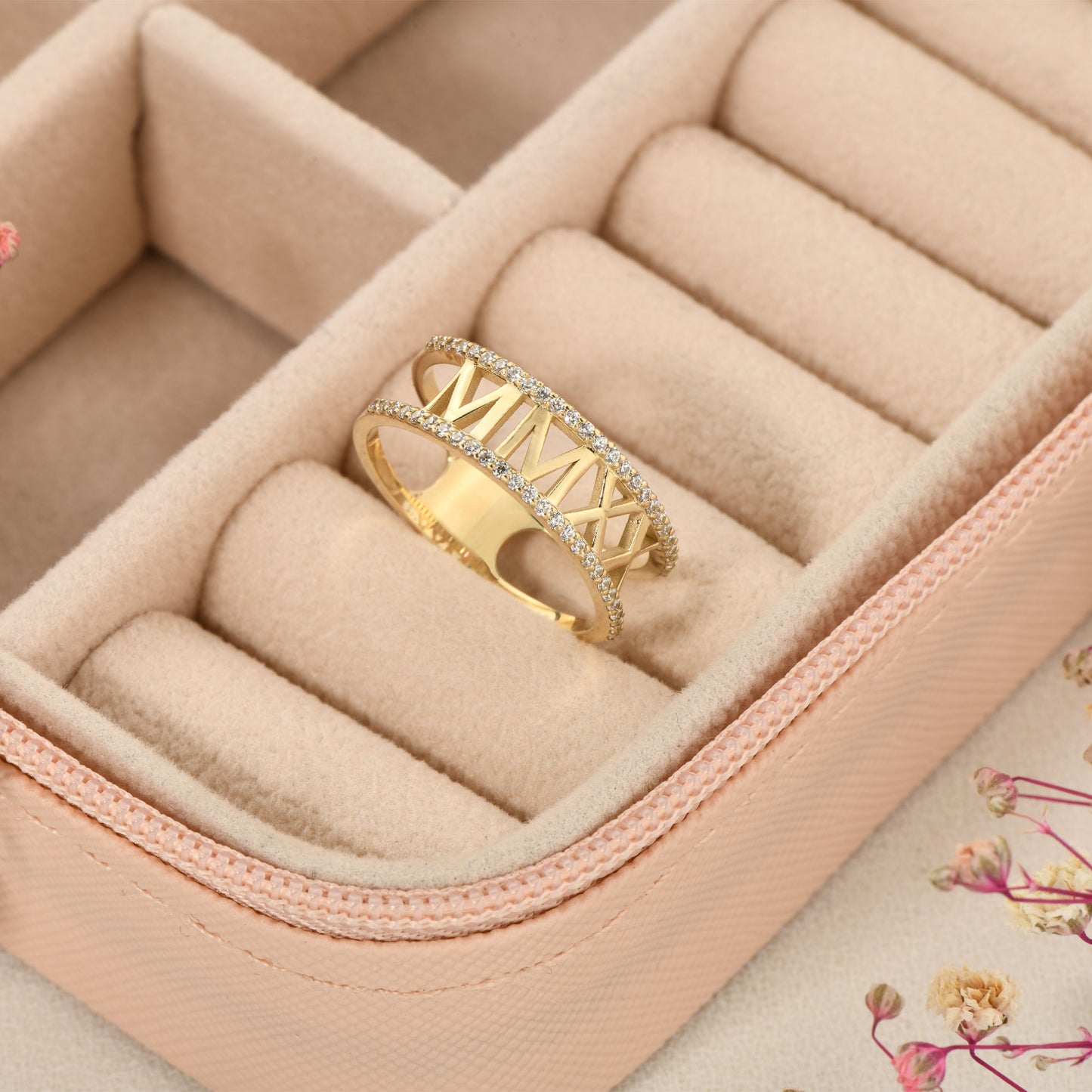 14K Roman Numeral Gold Ring with Zircon Stones
