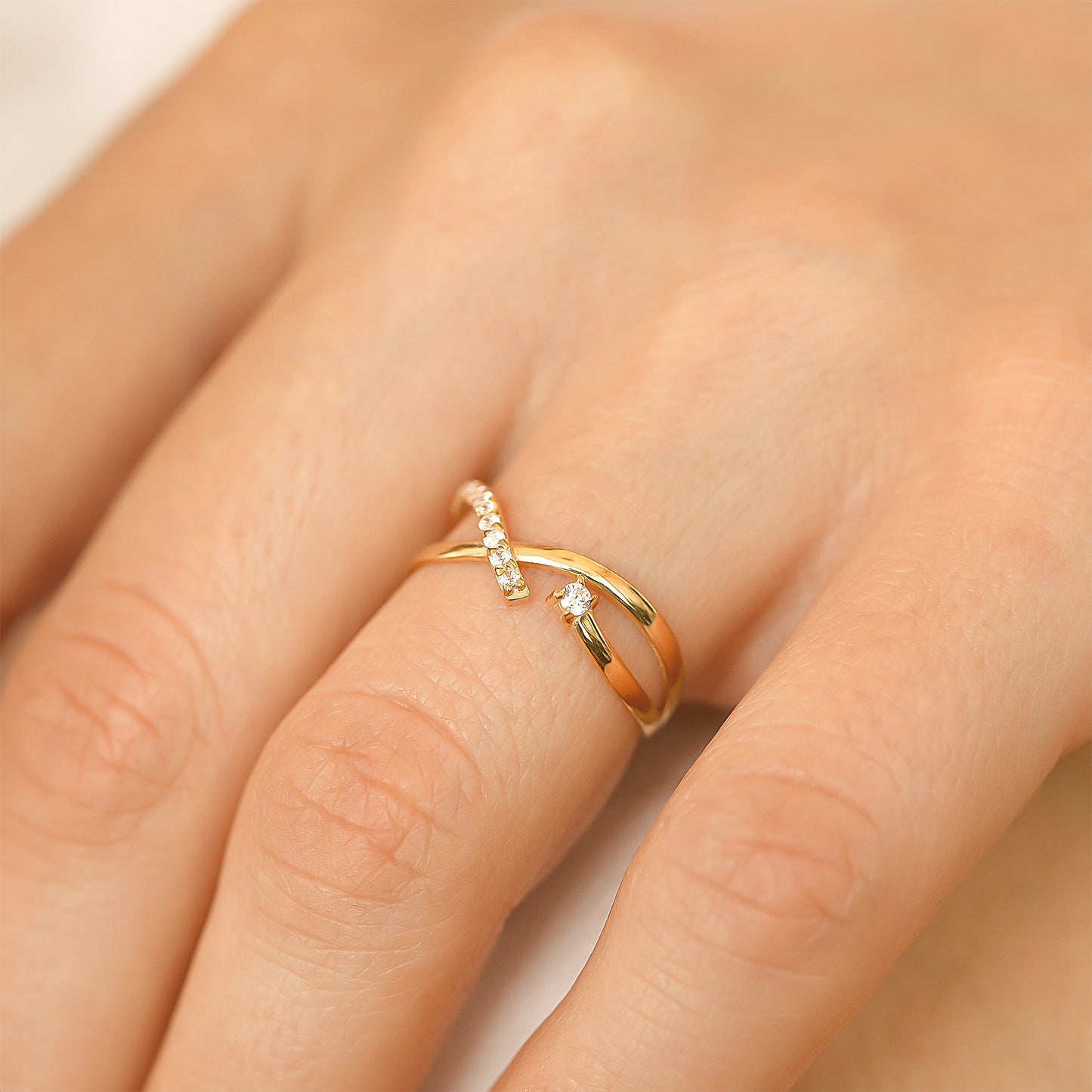 14K Real Solid Gold Diamond X Ring