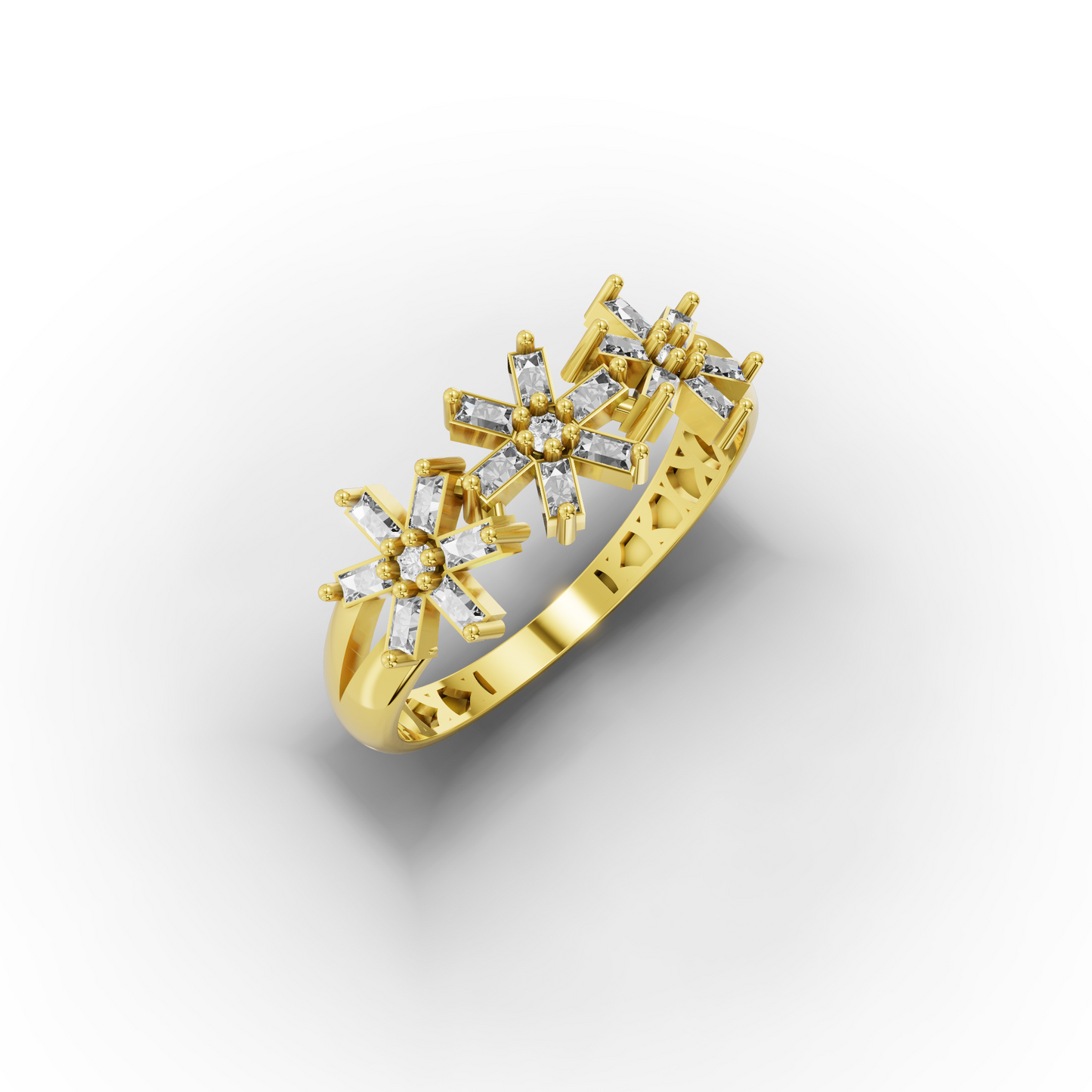 14K Floral Gold Ring with Baguette Zircon