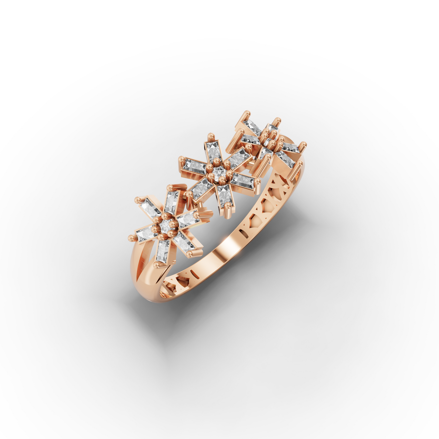 14K Floral Gold Ring with Baguette Zircon
