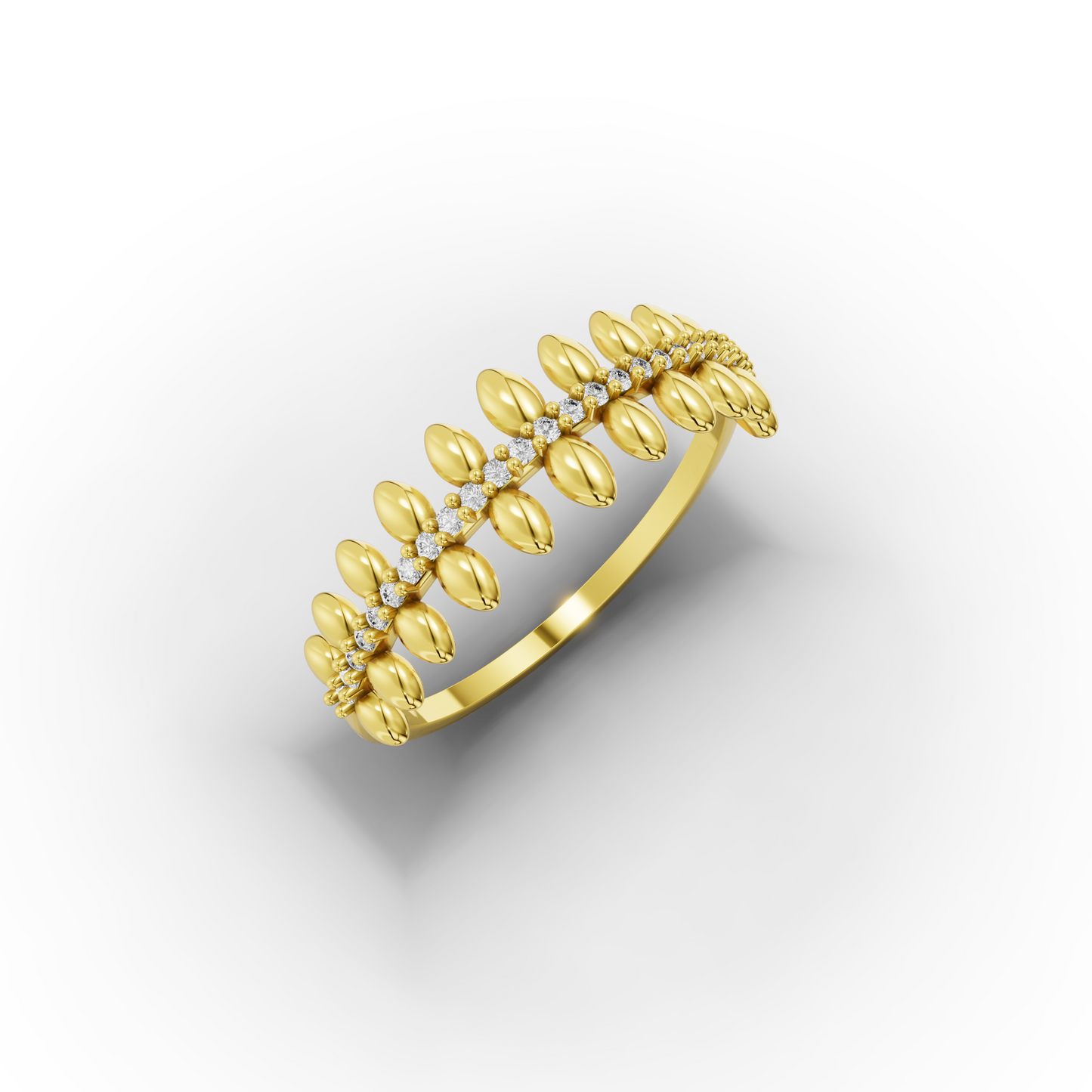 Leaf Wedding Band – 14K Gold Pavé CZ Crown Ring