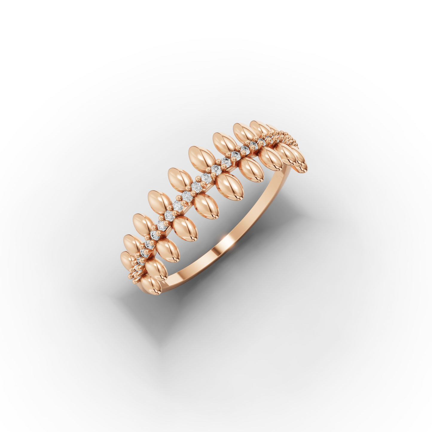 Leaf Wedding Band – 14K Gold Pavé CZ Crown Ring