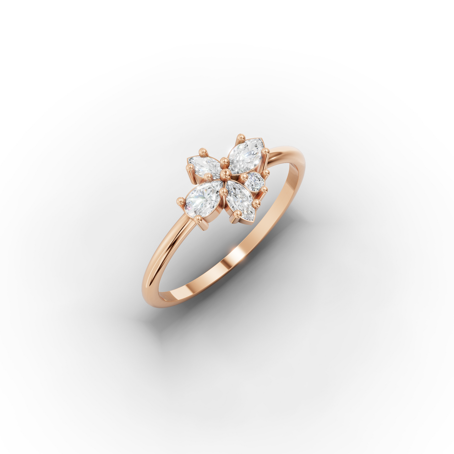 14K Gold Flower Ring – Dainty Marquise-CZ Cluster Band