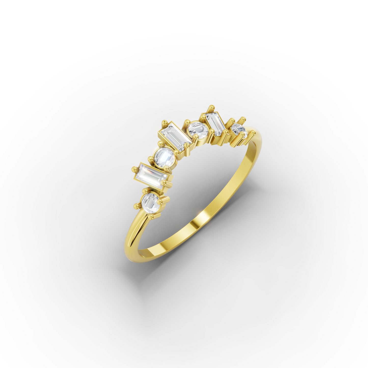 Baguette & Round Zircon 14K Gold Ring