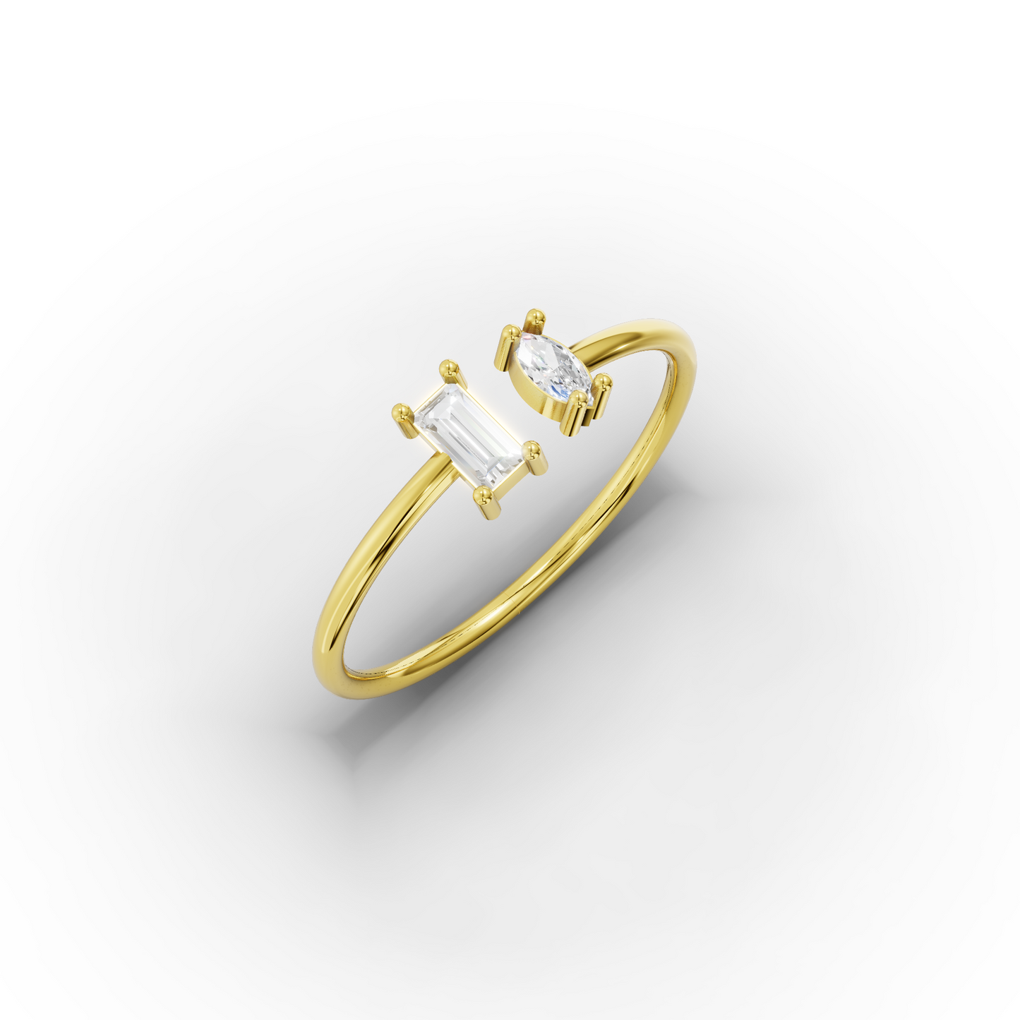 14K Solid Gold Ring with Baguette and Marquise Zircon