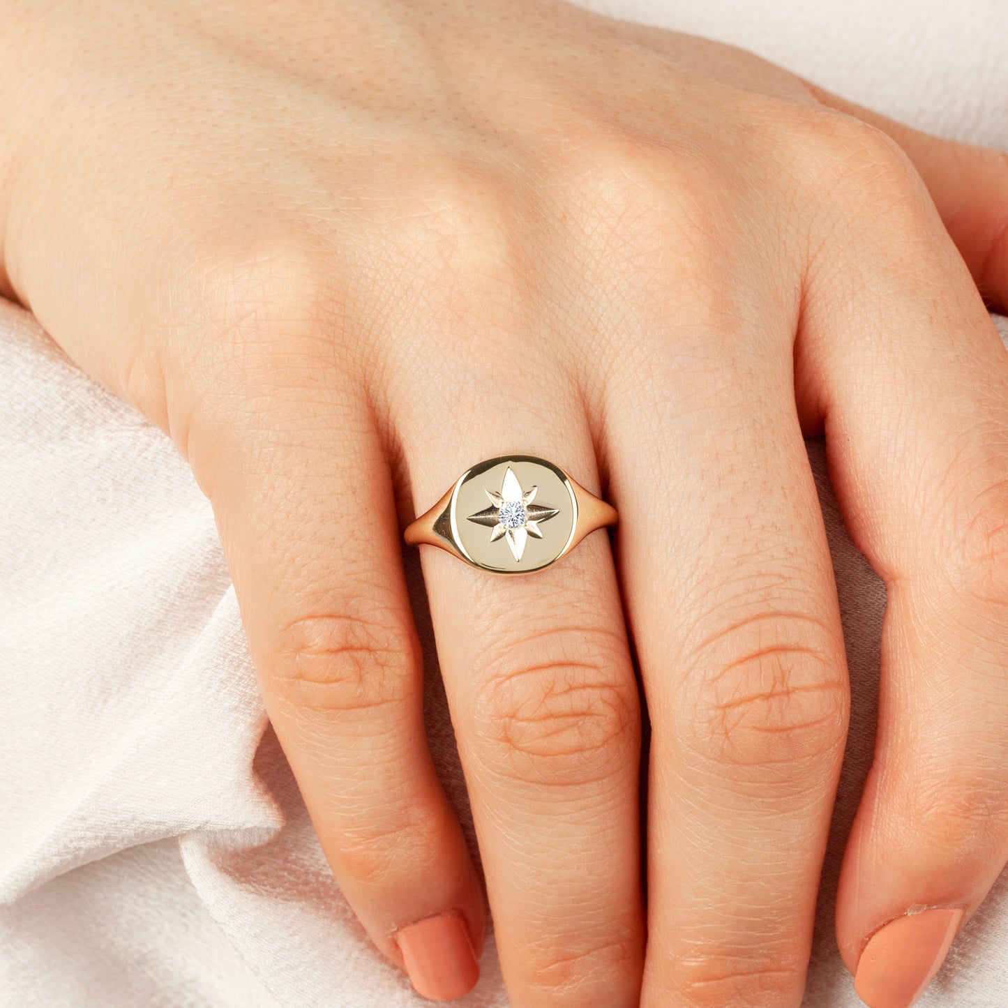 14k Solid Gold North Star Signet Ring