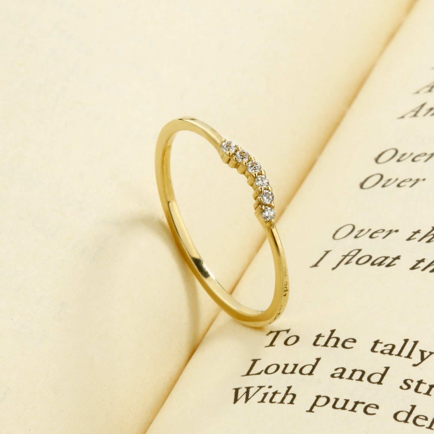 14K Gold Curved Zircon Solid Gold Ring