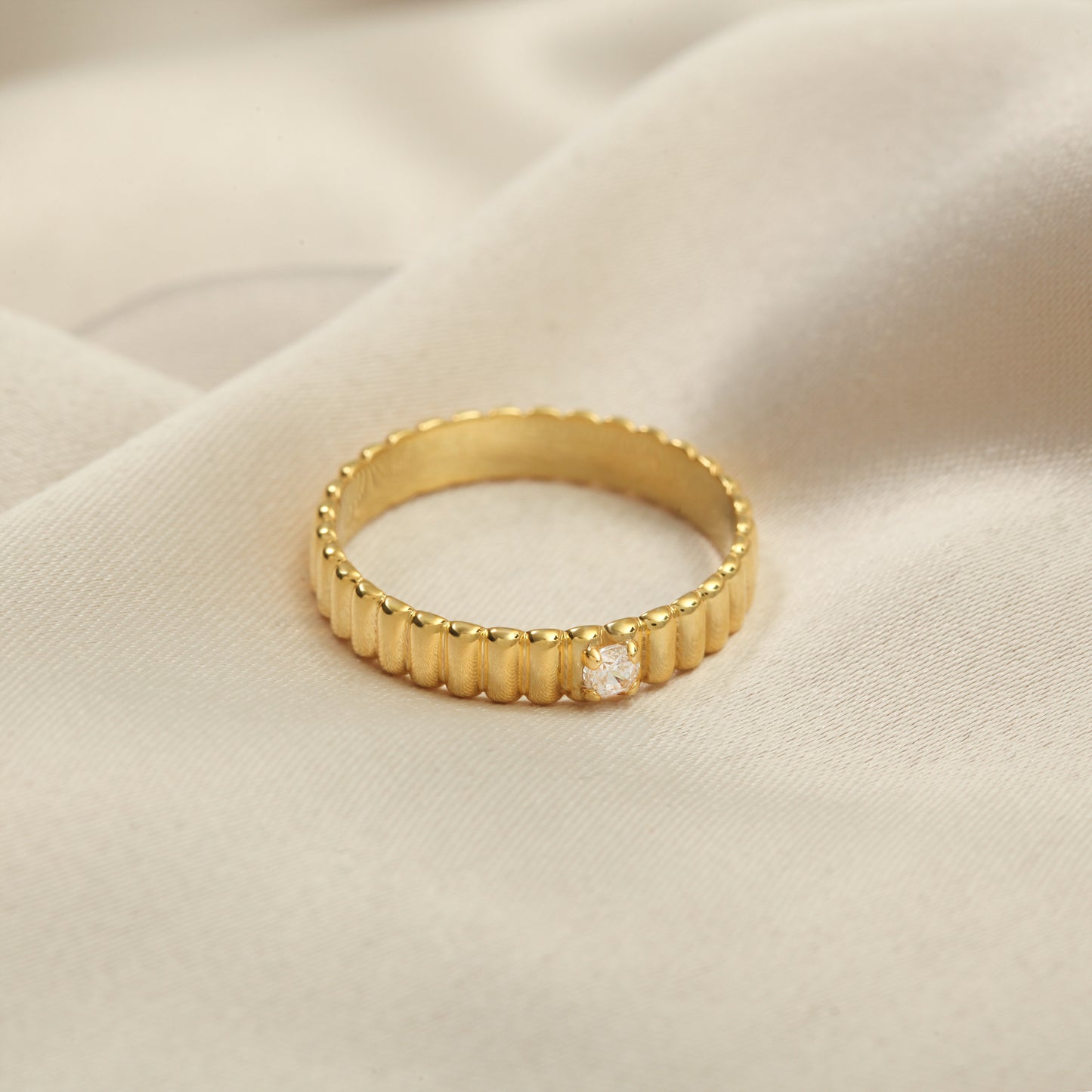 14K Textured Gold Band Ring with Center Stone