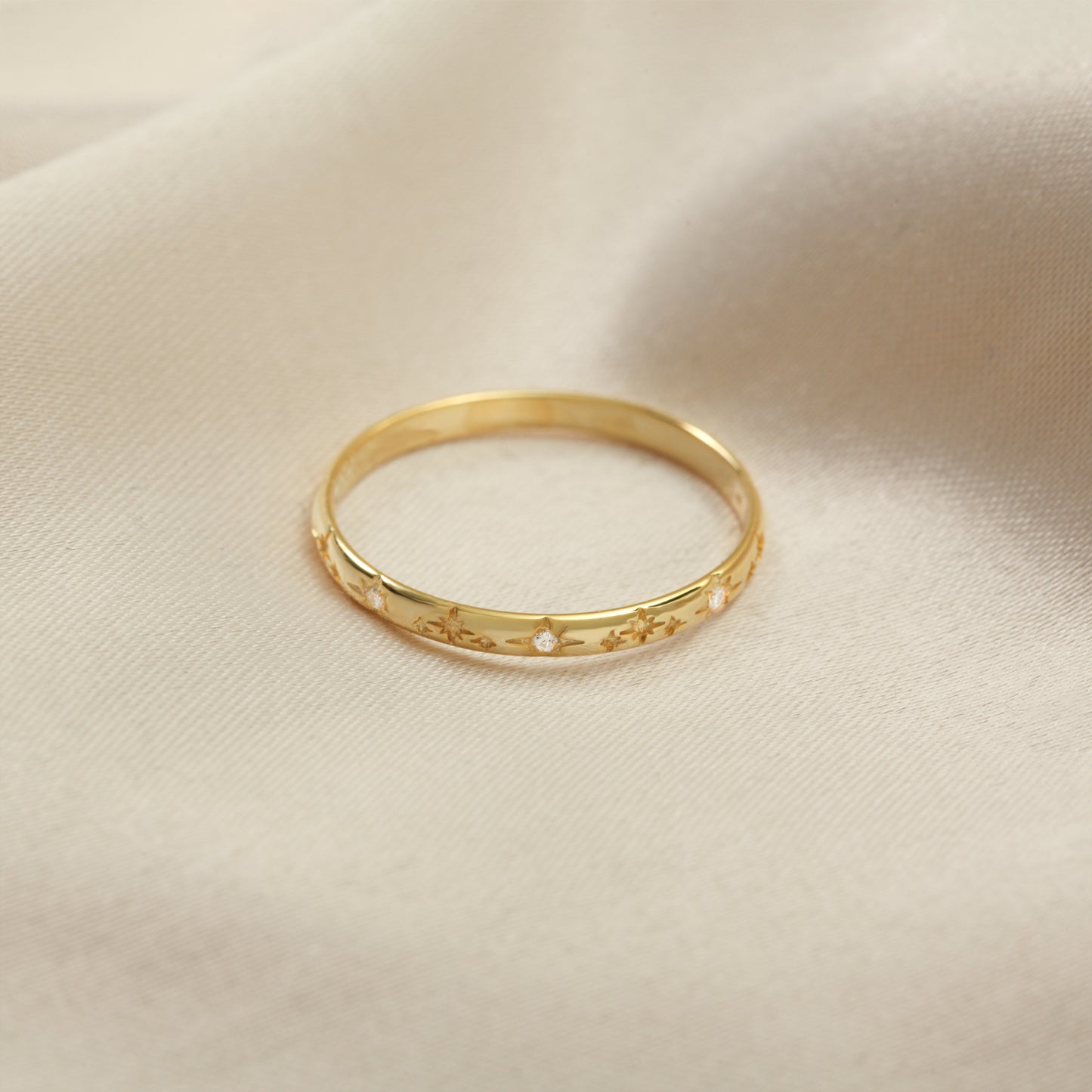 14K Starburst Stacking Ring – Solid Gold Celestial Band for Women