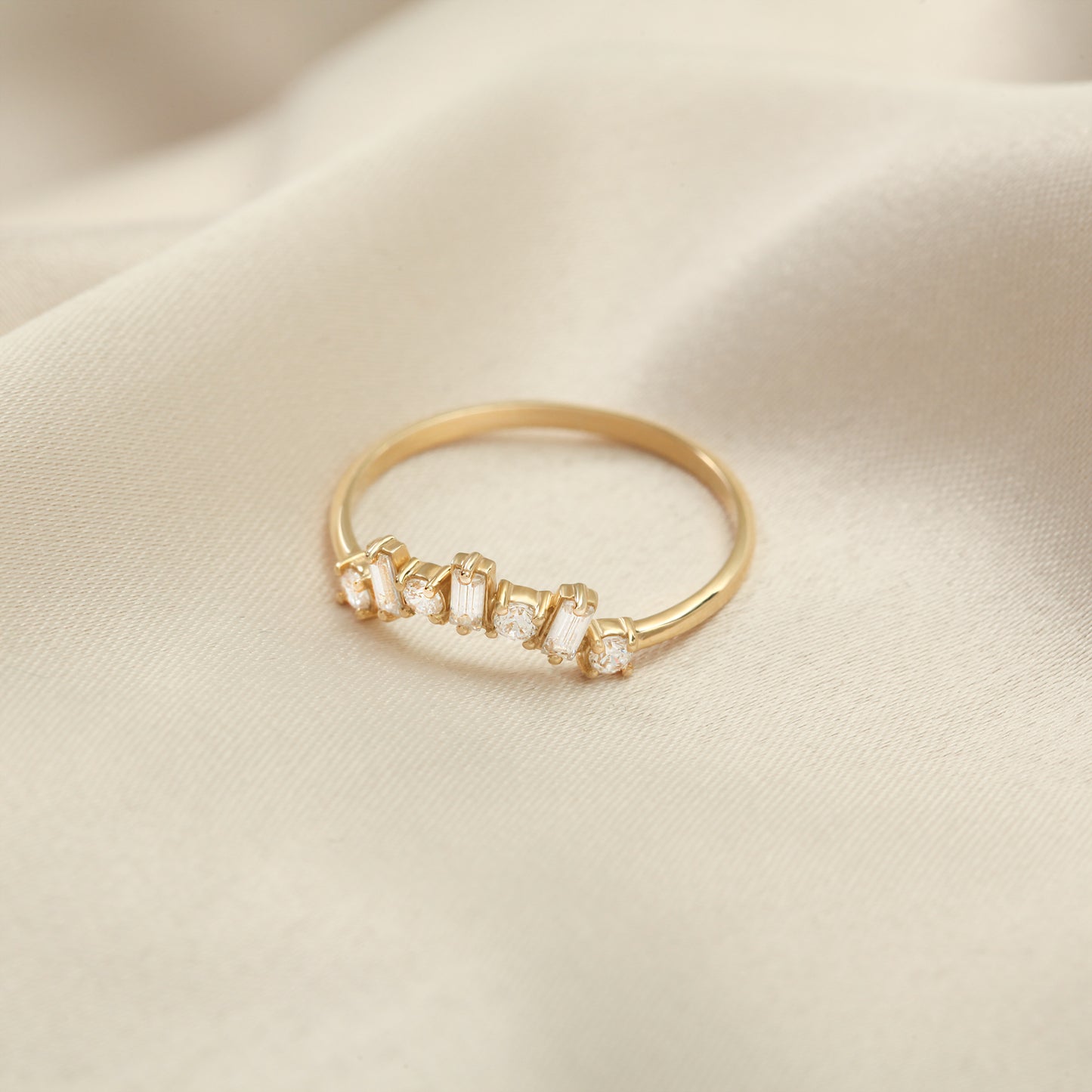Baguette & Round Zircon 14K Gold Ring