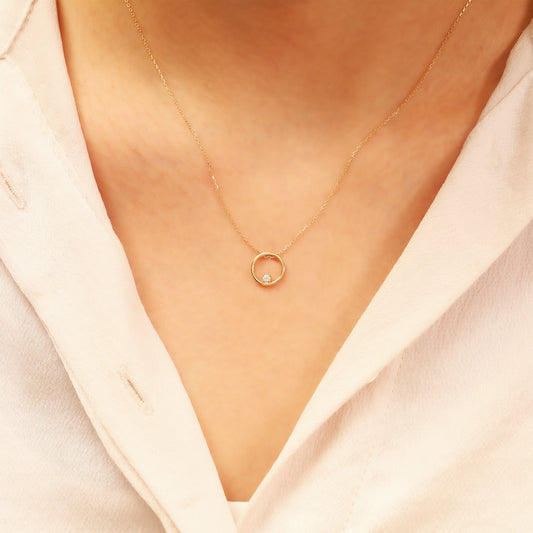 Gold Circle Necklace – 14K Solid Gold CZ Pendant