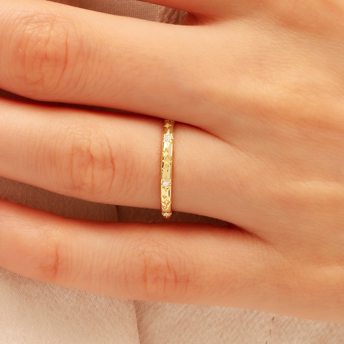 14K Starburst Stacking Ring – Solid Gold Celestial Band for Women