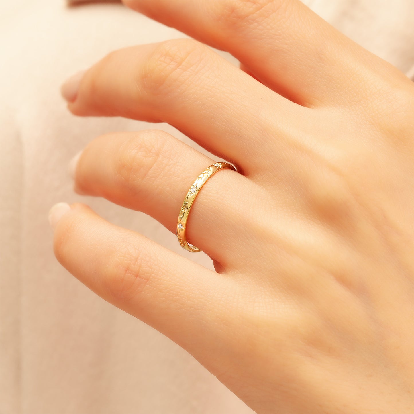 14K Starburst Stacking Ring – Solid Gold Celestial Band for Women